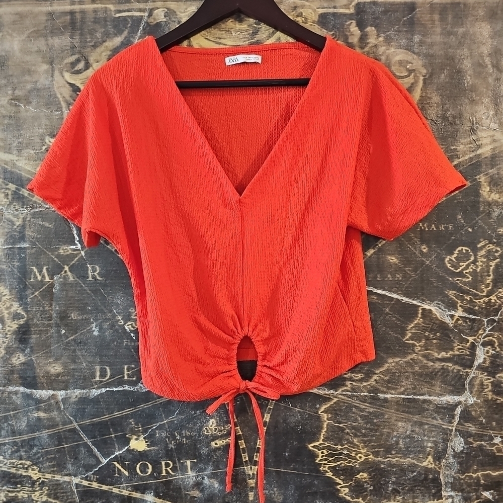 Zara Cropped(ish) Shirt Short Sleeve Keyhole Tie Waist Women's Size S Orange